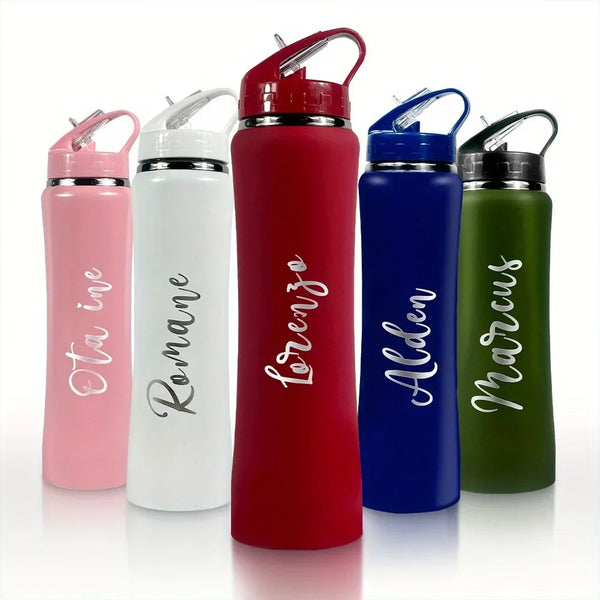 A set of six personalized insulated stainless steel water bottles in various colors including pink, white, red, blue, and gre