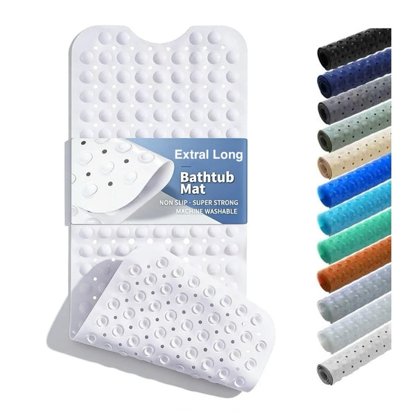 Extra long non-slip bathtub mat with suction cups shown in various colors stacked vertically.