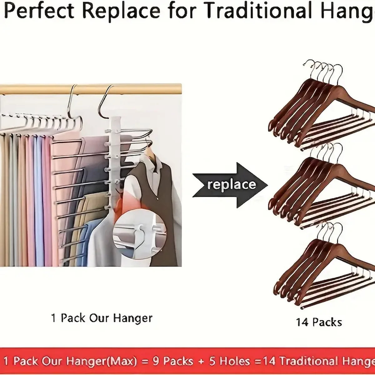 A set of 14 packs of stainless steel hangers designed as a perfect replace for traditional hangers.