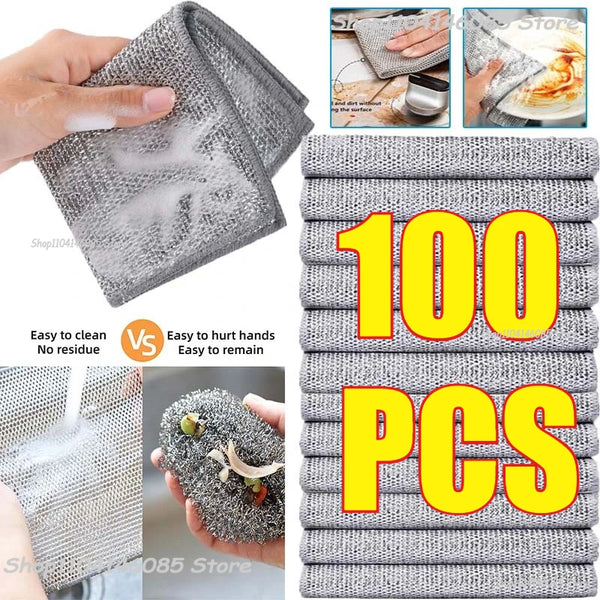 Stack of 100 double-layer steel wire dish cleaning cloths being used to wipe a surface.
