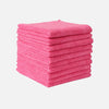 A stack of bright pink thickened microfiber cleaning cloths for glass and surfaces.