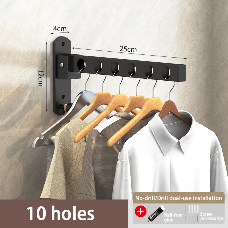 Black wall-mounted clothes drying rack with 10 holes for hanging clothes