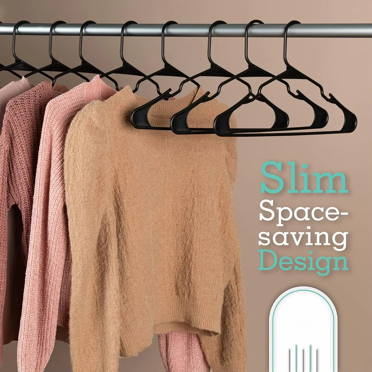A set of black plastic clothes hangers is displayed above a rack of knitted sweaters in beige, pink, and brown colors.