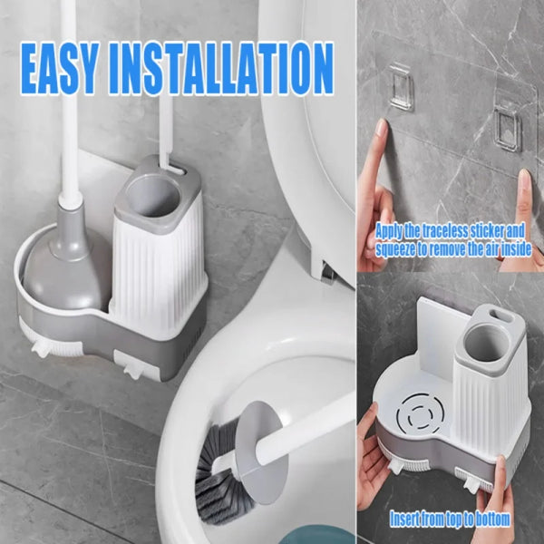 Set mit Toilettenreinigungswerkzeugen, einschließlich eines Schlagwerkzeugs und einer Bürste für einfache Installation.