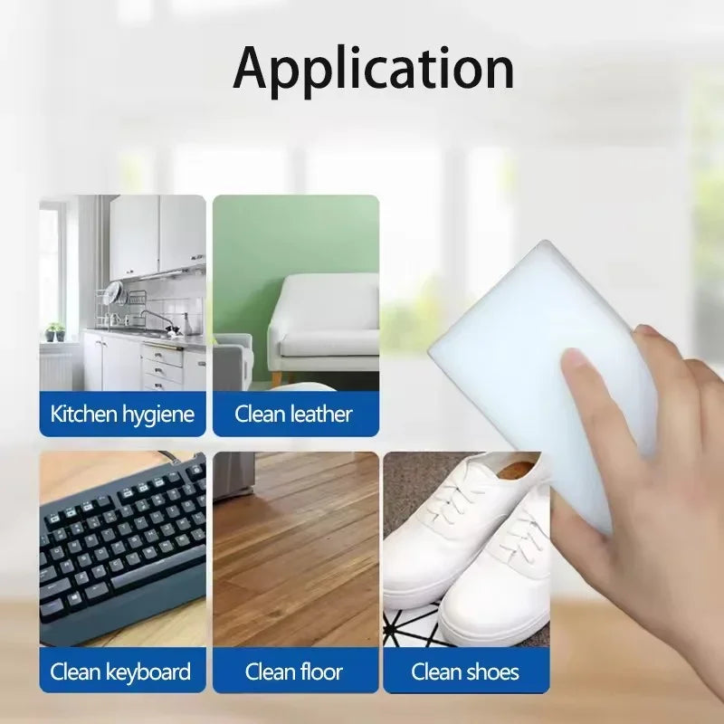 A hand is using a white cleaning sponge to clean various surfaces including a kitchen, leather, keyboard, floor, and shoes.