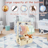 Natural wood storage crate organizer with various items like toys, microphone, clothing, and diapers displayed in a nursery s