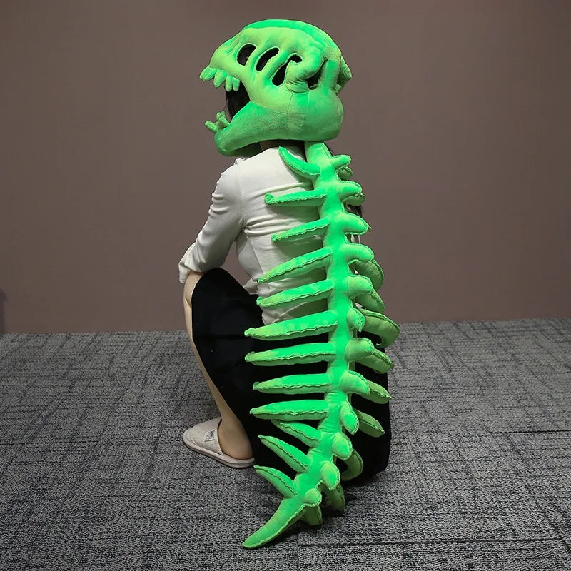 A person wearing a realistic dinosaur skeleton costume set with bright green skeletal structure.
