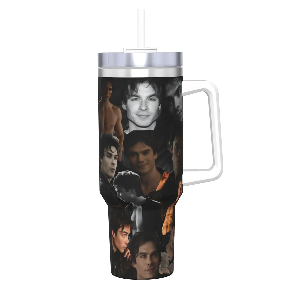 A stainless steel thermal tumbler with a straw featuring a collage of male faces.