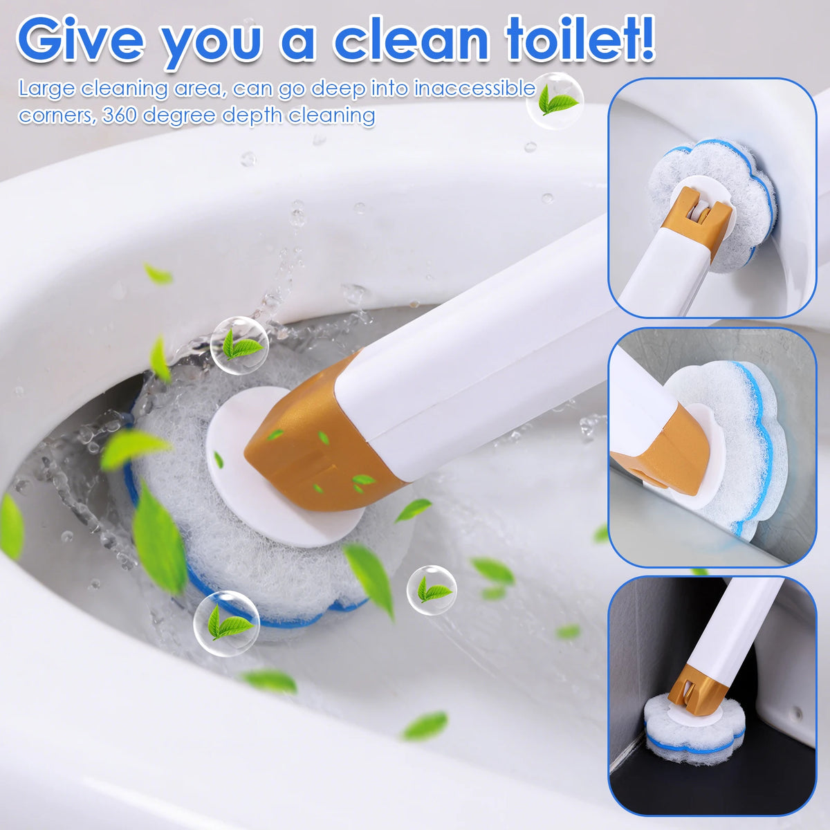 A disposable toilet brush cleaning kit with a long handle is shown cleaning the inside of a white toilet bowl.