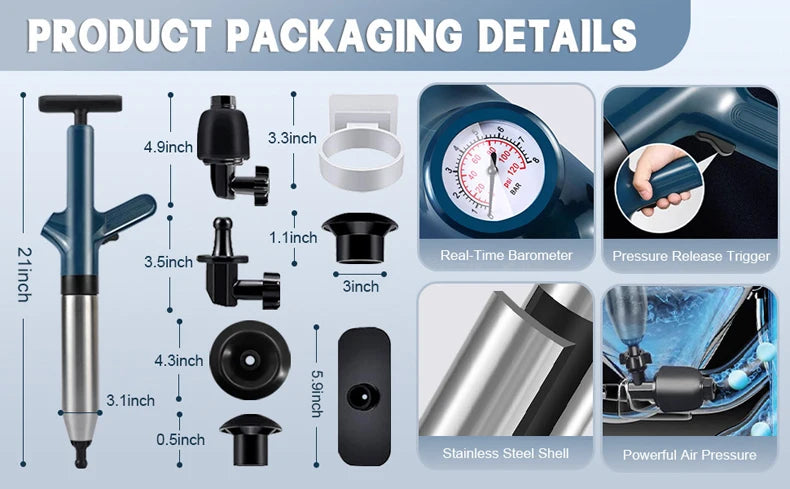 Details of a heavy-duty stainless steel drain blaster kit showing various components like the main body, trigger, and pressur