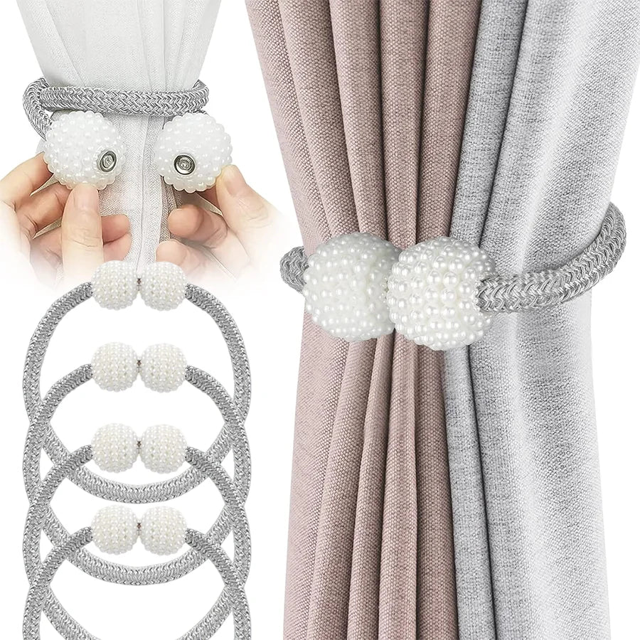 Ensemble de pinces à rideaux magnétiques perles, avec des liens en tissu incrustés de perles argentées et blanches