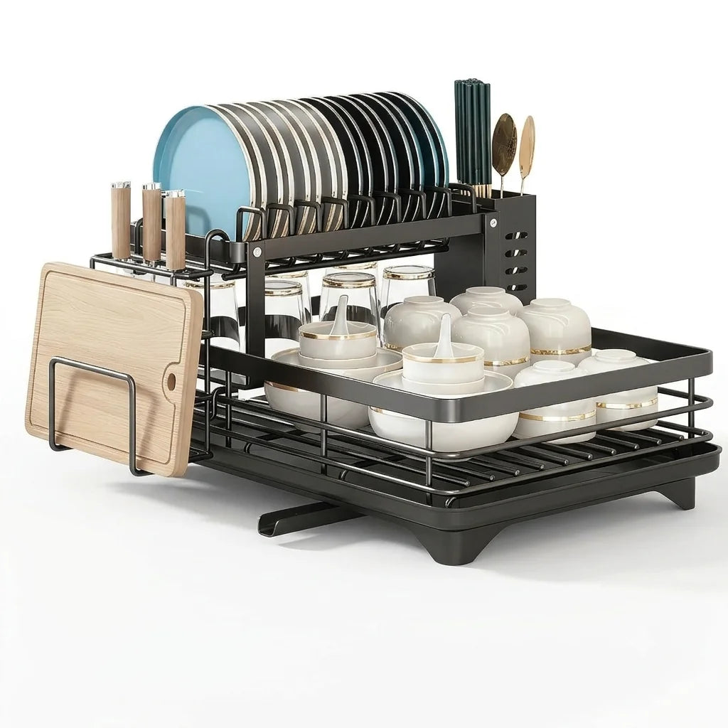 Égouttoir métallique noir à deux étages, pliable, pour essorer des assiettes et ustensiles de cuisine.