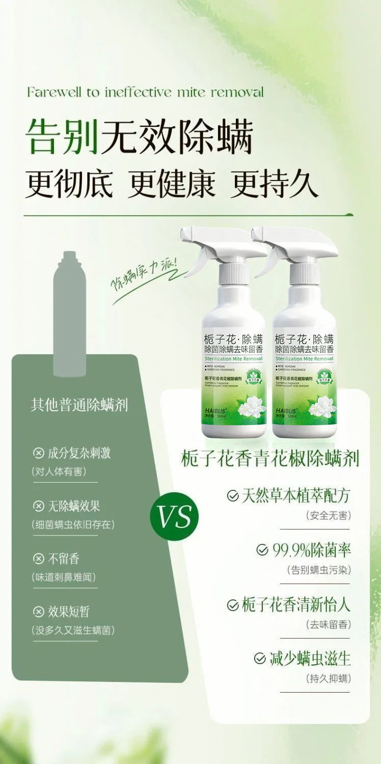 A product image showing a bottle of natural mite repellent spray for baby and children with accompanying text.