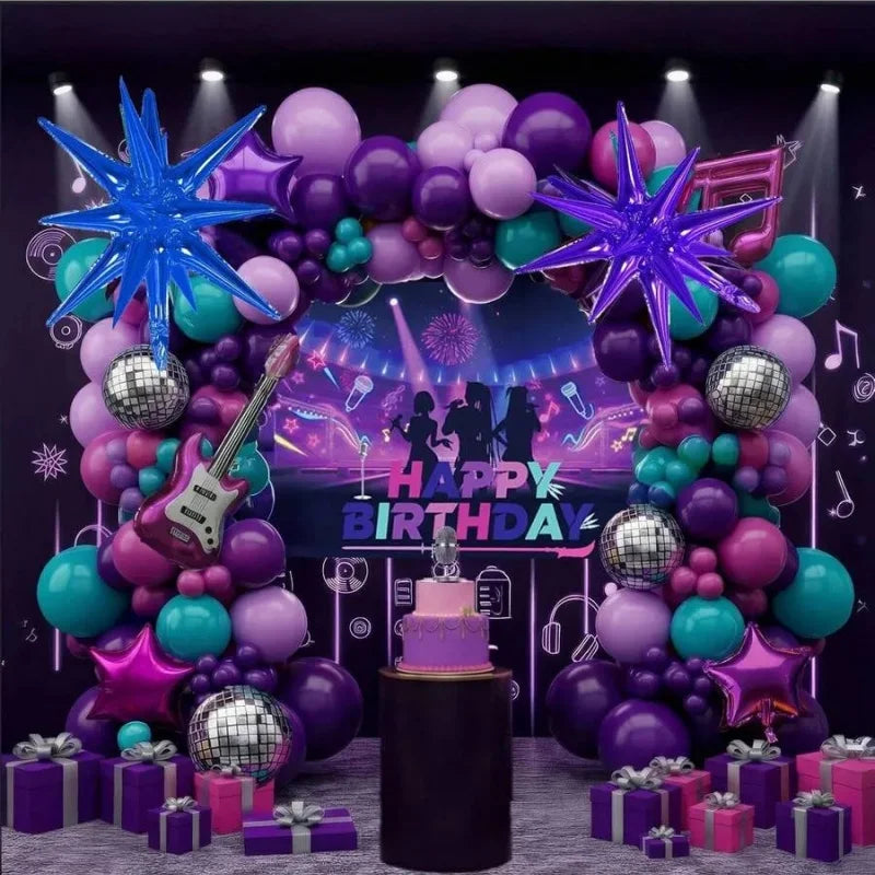 Lebendiger Ballonbogen-Set mit lila und türkis, Sternen und Gitarre, für einen K-Pop-Geburtstag