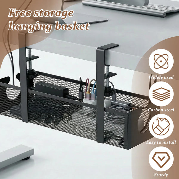 A black metal hanging basket for free storage and cable management used on a desk.