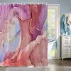 A pink and purple marble abstract fluid texture shower curtain featuring gold veining.