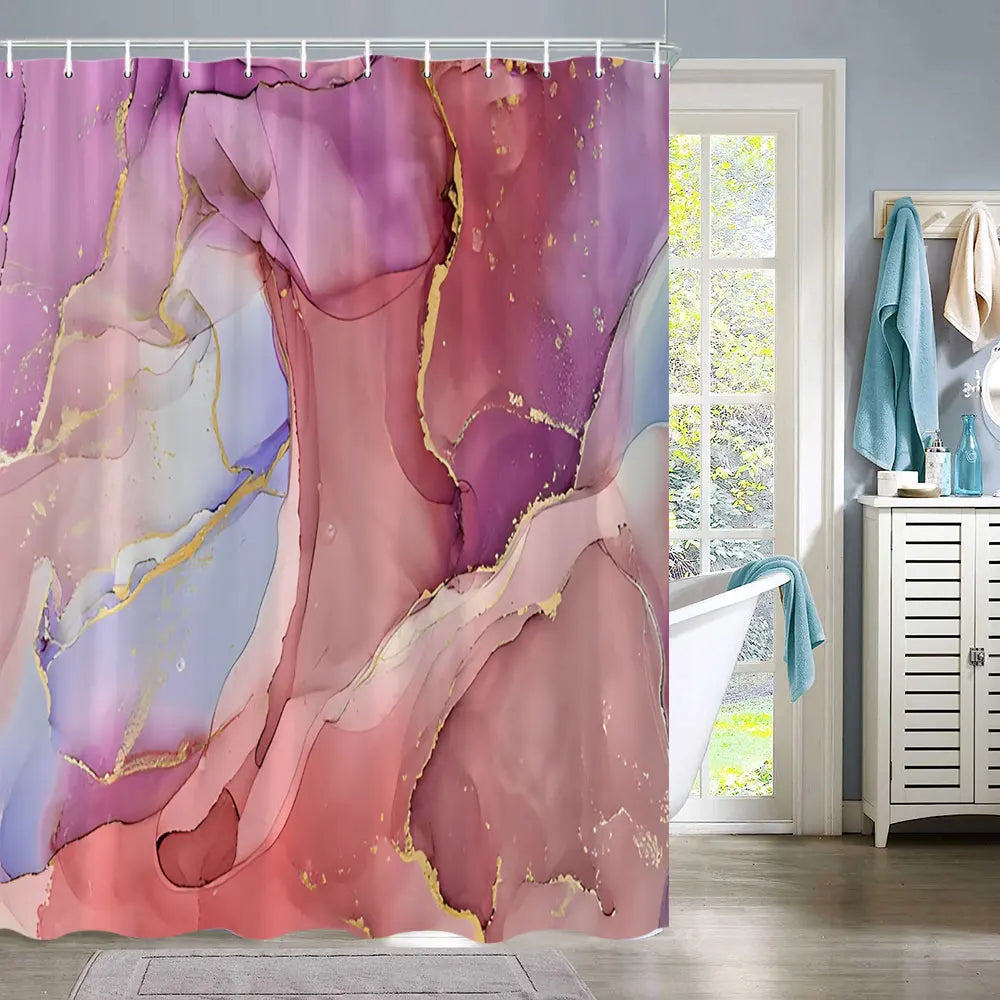 A pink and purple marble abstract fluid texture shower curtain featuring gold veining.