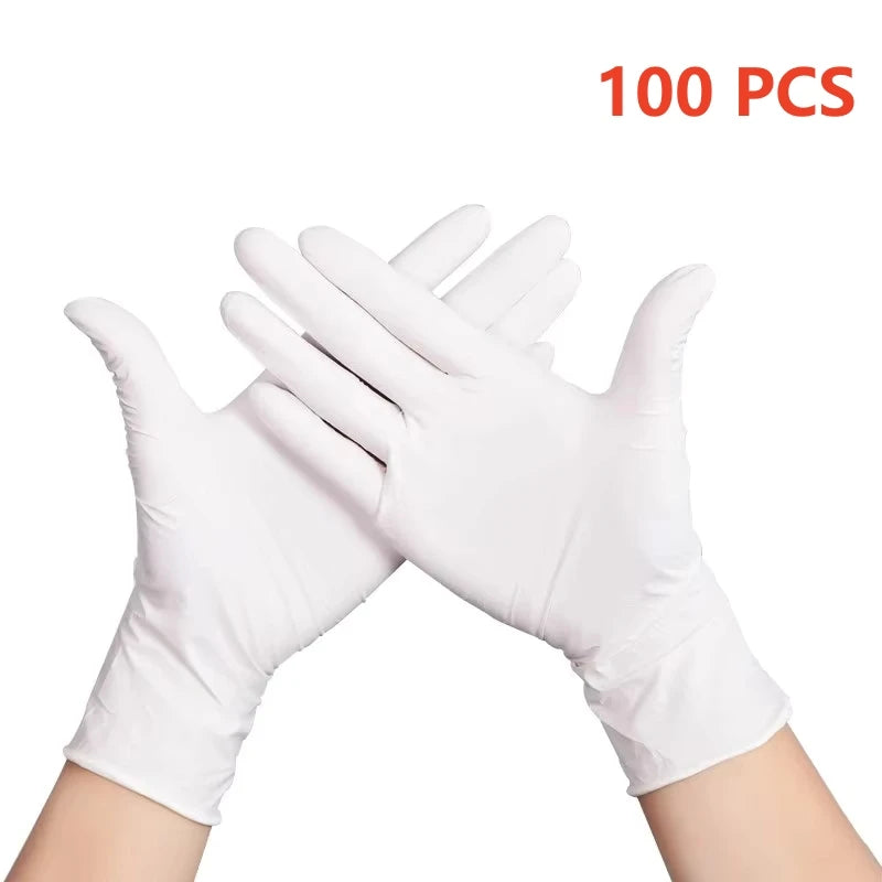 A pair of white disposable nitrile cleaning gloves shown in a handshake pose.