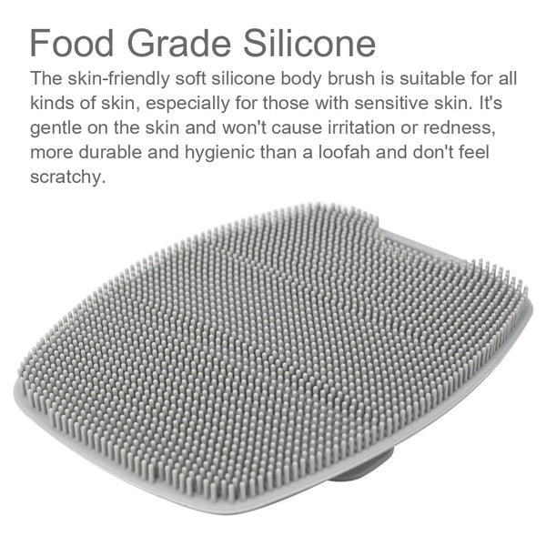 A gray silicone body scrub brush with dense bristles shown from above.