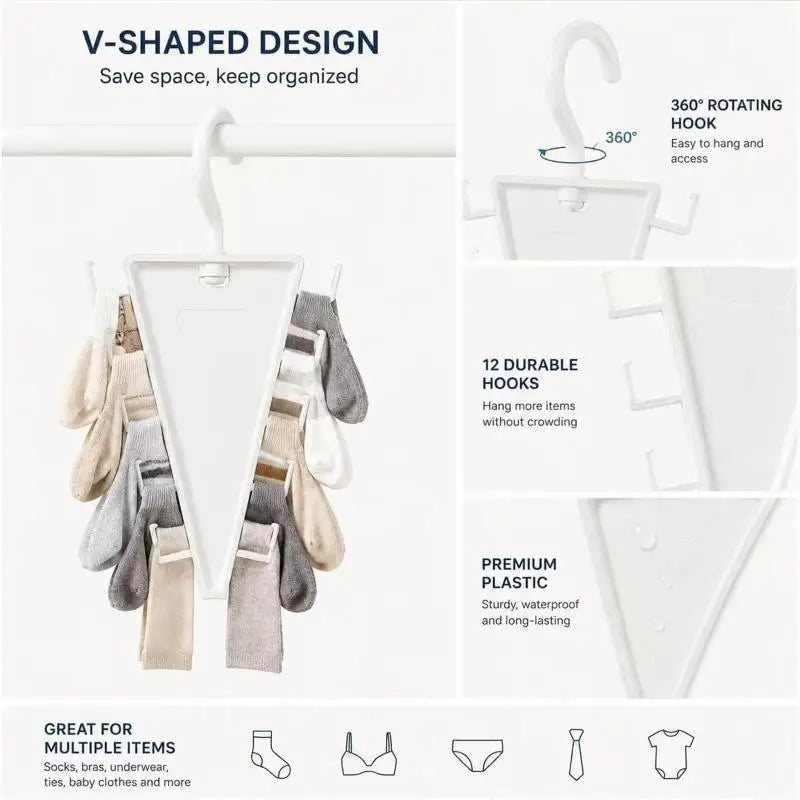 White V-shaped design closet organizer with 12 durable hooks for hanging multiple items