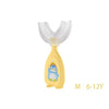 Yellow silicone U-shaped toothbrush with a blue penguin design for children