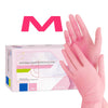 Pink disposable nitrile protective gloves shown next to a large pink letter M