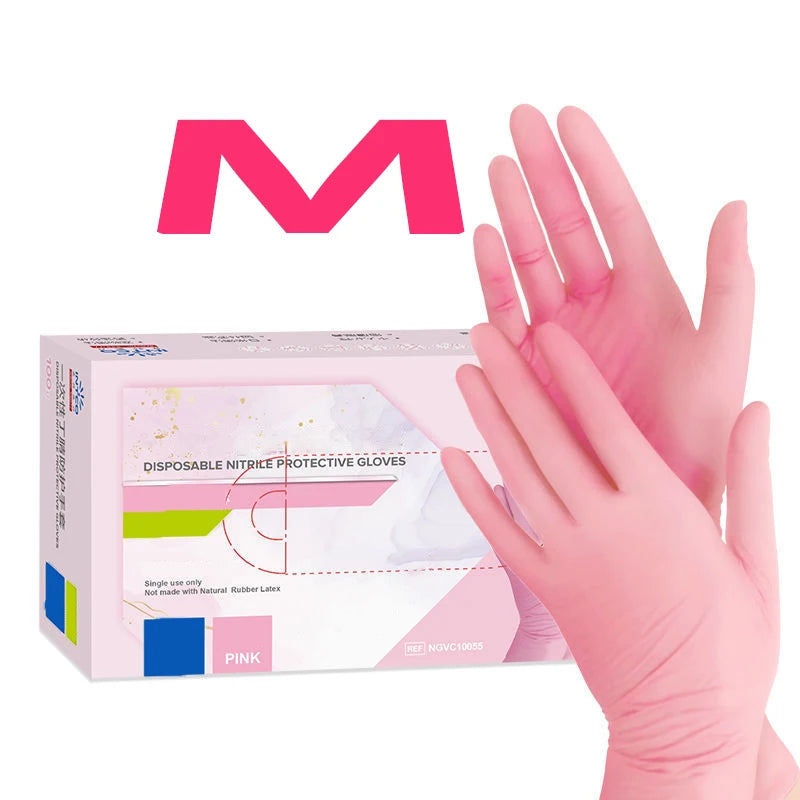 Pink disposable nitrile protective gloves shown next to a large pink letter M