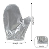 Silver heat resistant garment steamer mitt with a ribbed cuff and size dimensions shown.
