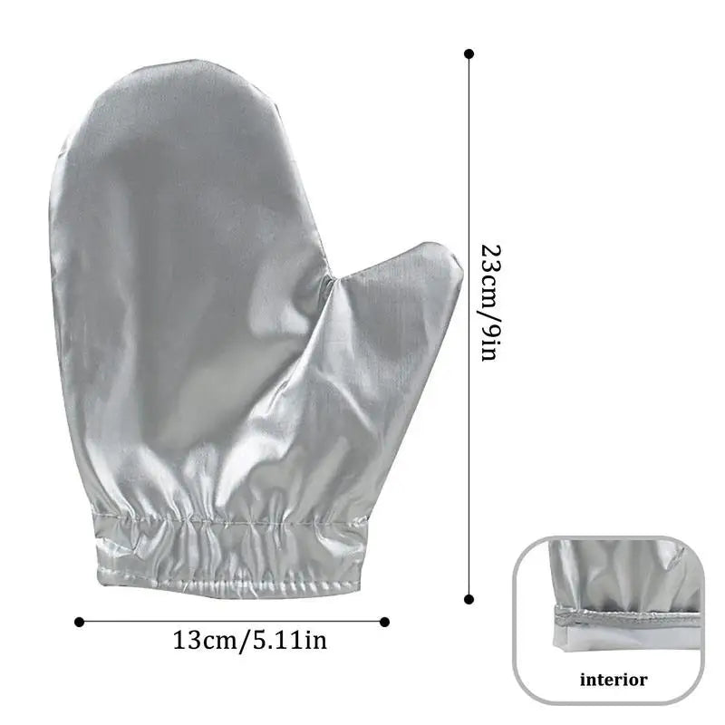 Silver heat resistant garment steamer mitt with a ribbed cuff and size dimensions shown.