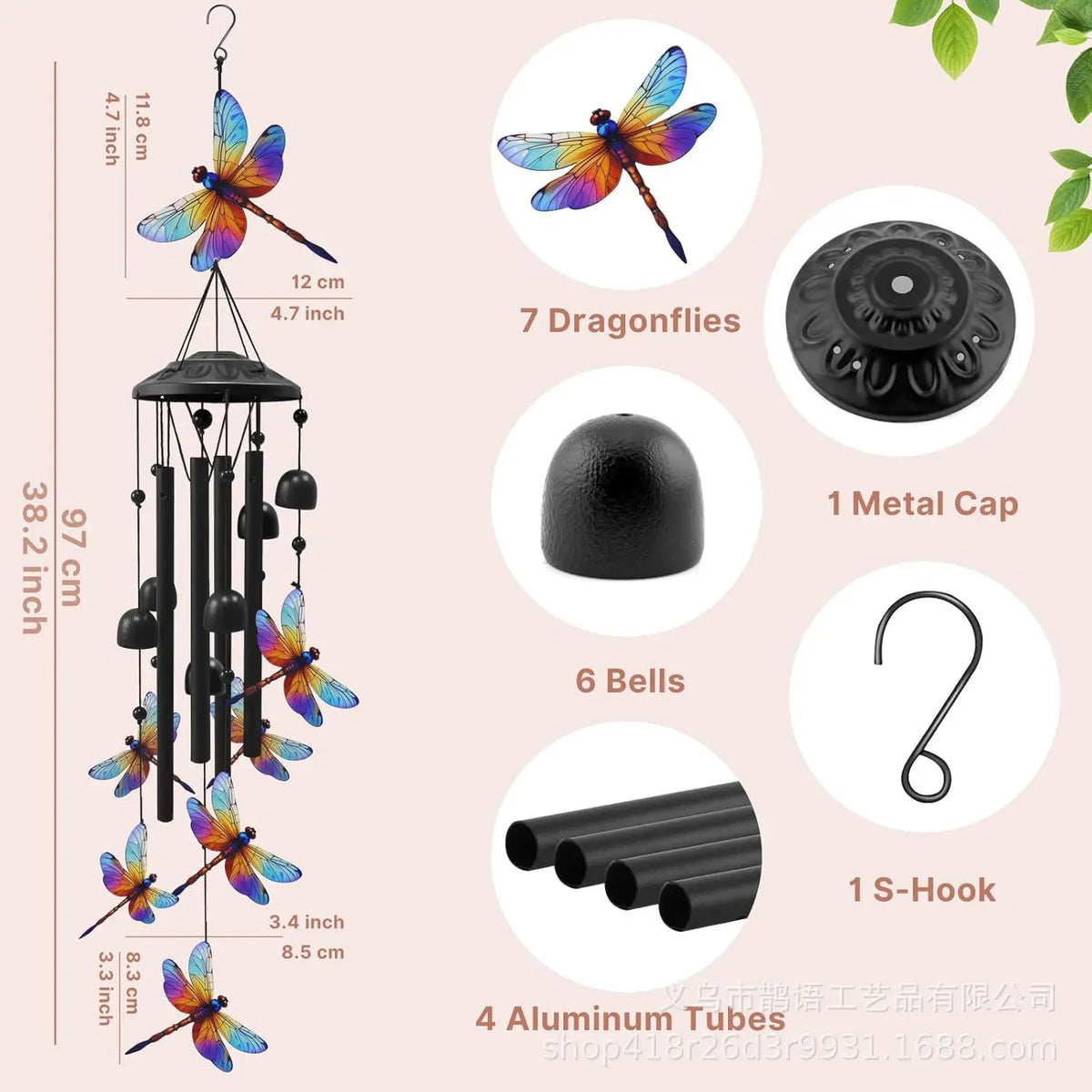 A hanging wind chime decoration featuring seven dragonflies, metal cups, and an S-hook.
