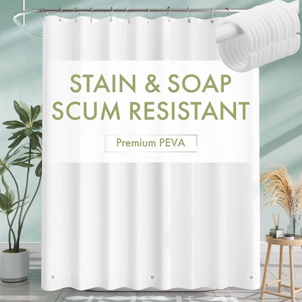 White stain and soap scum resistant premium PEVA shower curtain liner hanging on a rod