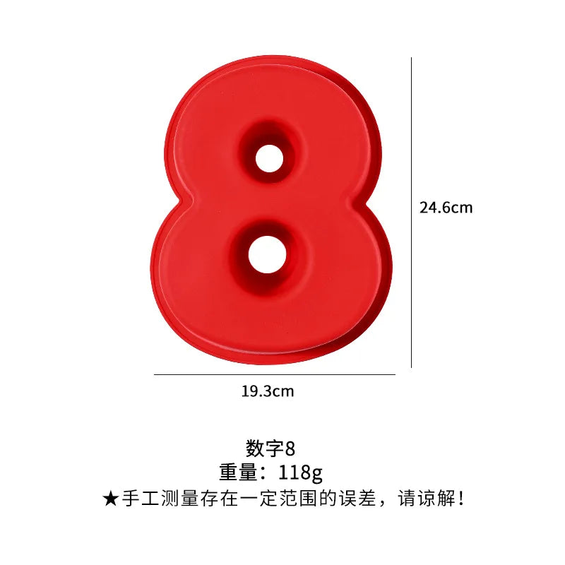 A red silicone number 8 cake mold with dimensions 24.6cm by 19.3cm and a weight of 118g.