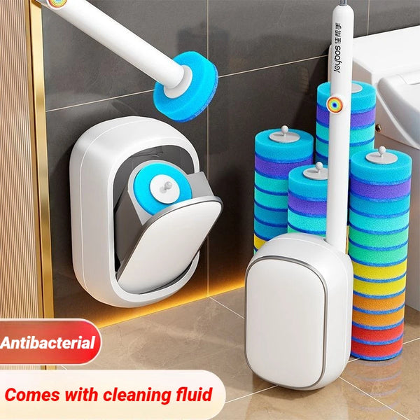 A wall-mounted disposable toilet brush set with a handle and cleaning fluid is shown against a tiled wall.