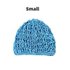 A small, bright blue hand-crocheted mesh hair net cap.