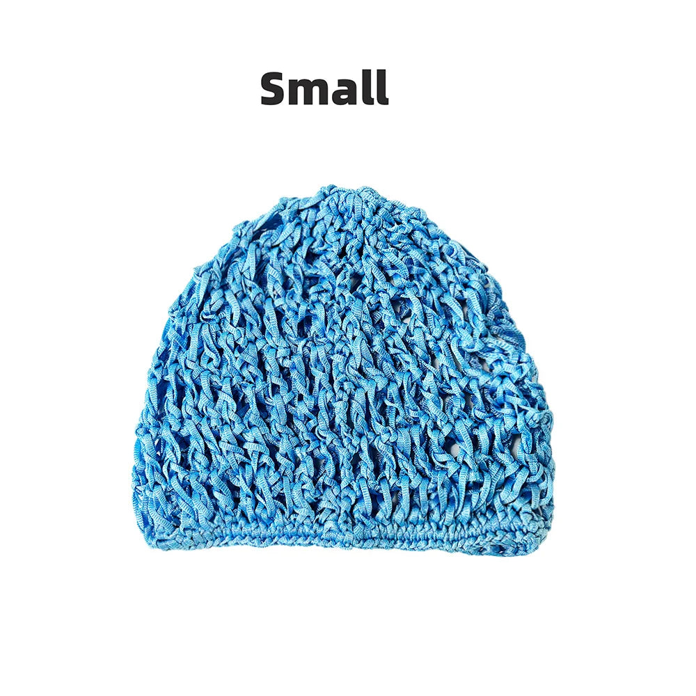 A small, bright blue hand-crocheted mesh hair net cap.