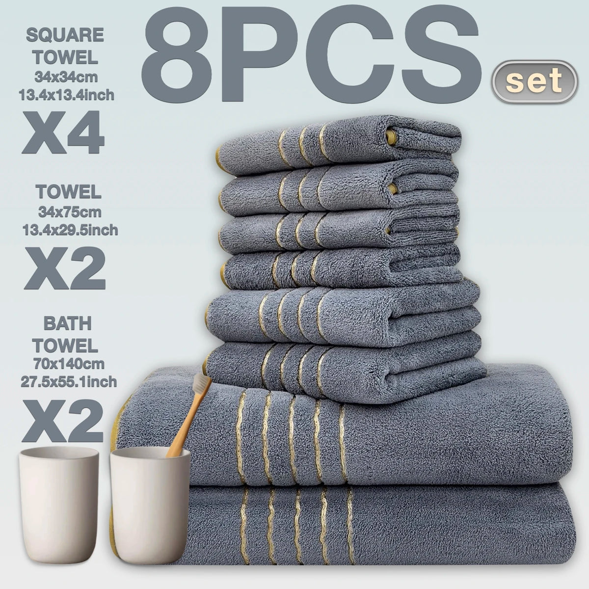 A set of eight gray bath towels is displayed, including four square towels and two bath towels.