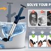 A heavy-duty stainless steel drain blaster kit is shown cleaning a toilet, floor drain, sink, and washbasin.