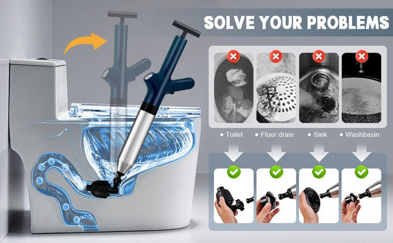 A heavy-duty stainless steel drain blaster kit is shown cleaning a toilet, floor drain, sink, and washbasin.