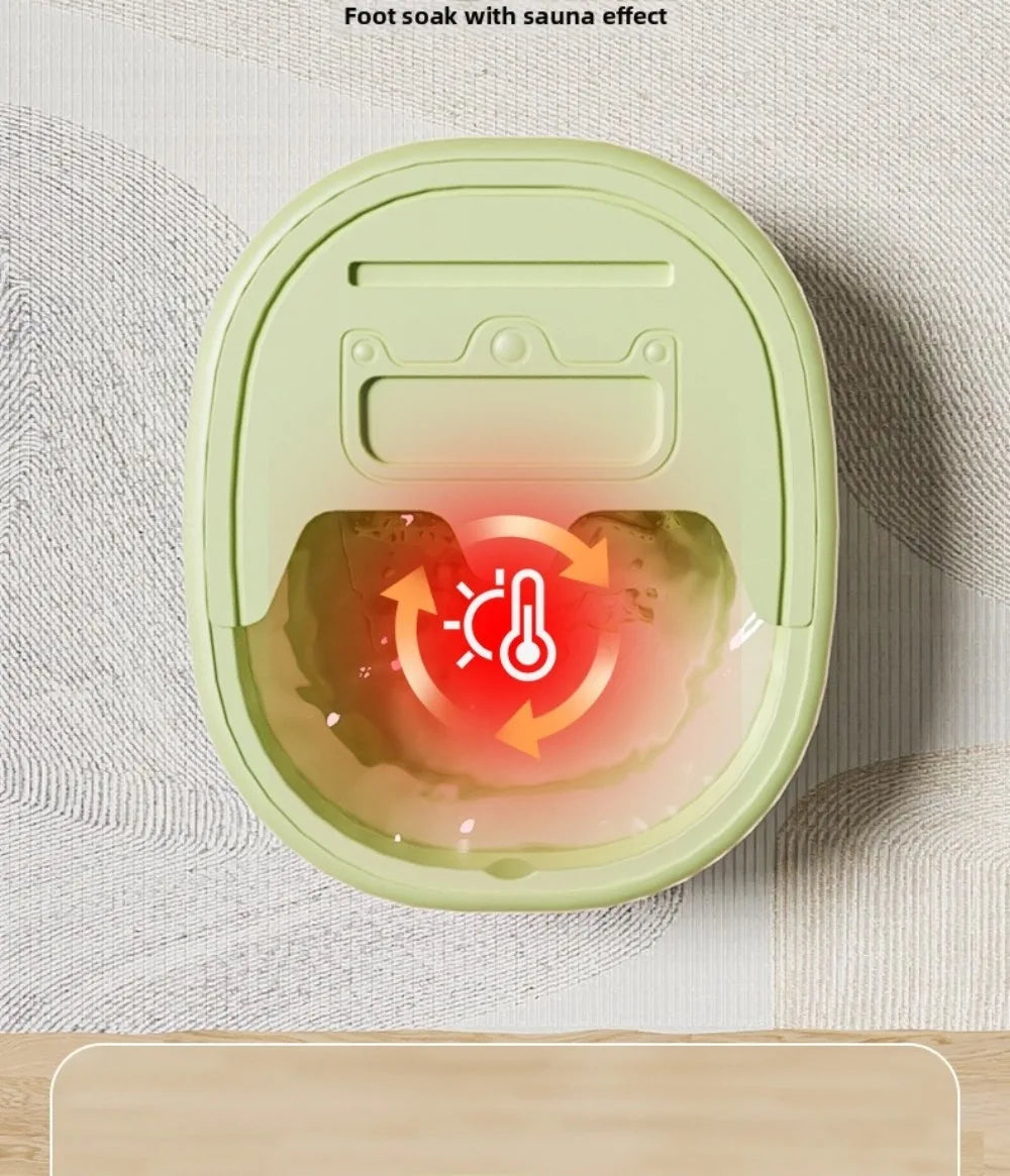 A light green portable foot soak tub with a sauna effect feature is shown on a white surface.
