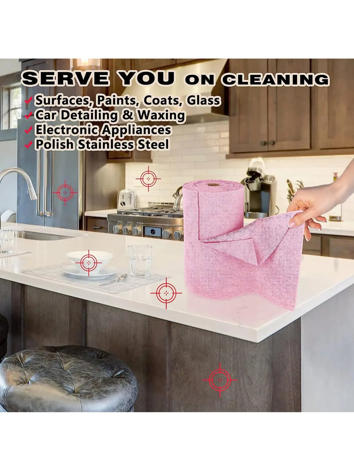 A pink roll of ultra-fine fiber tear-off towels used for various cleaning tasks like detailing surfaces and appliances.