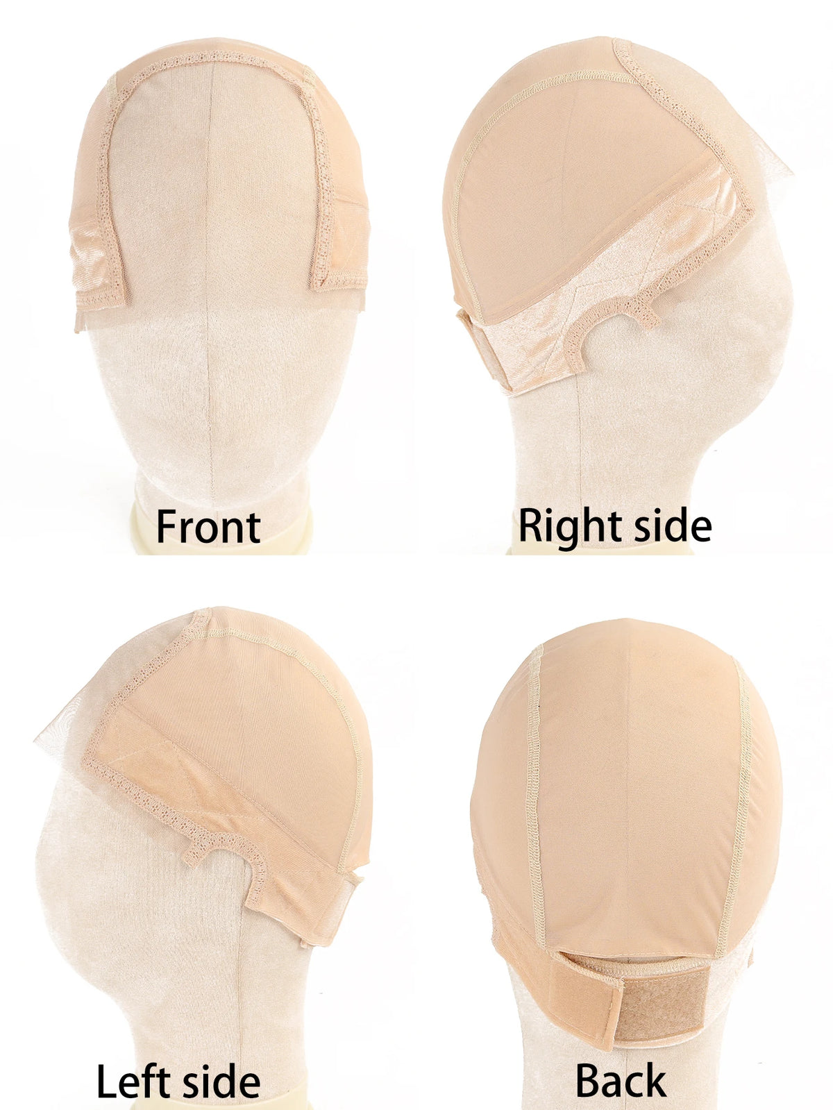 Four views of a beige velvet headband wig cap showing the front, right side, left side, and back.