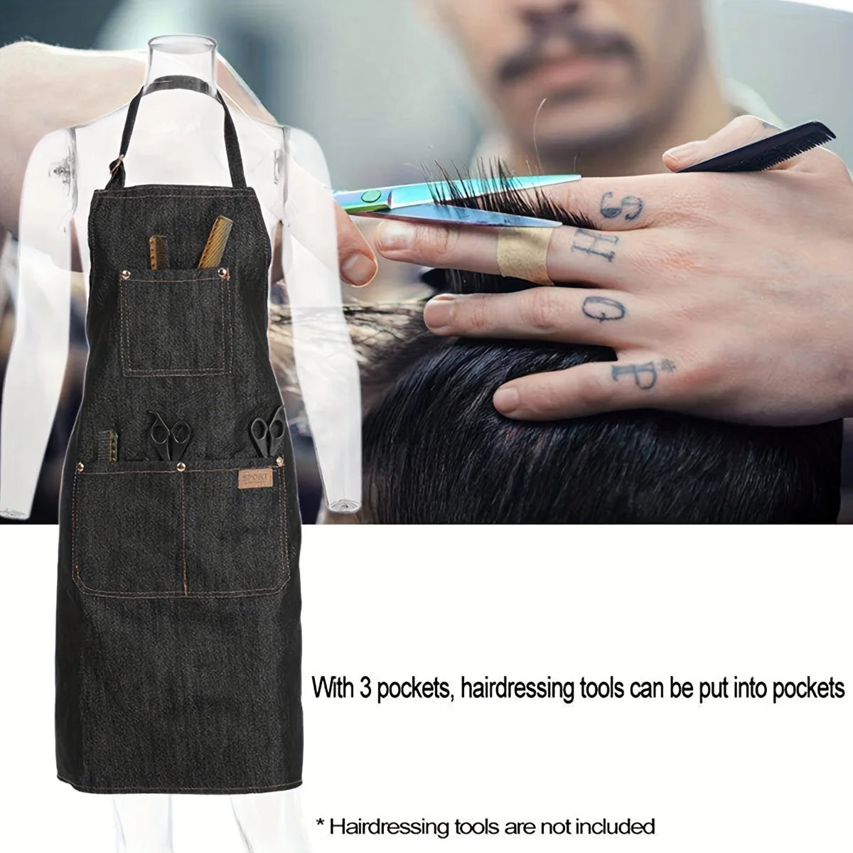 A dark gray denim tool apron with three pockets is shown being worn by a person.
