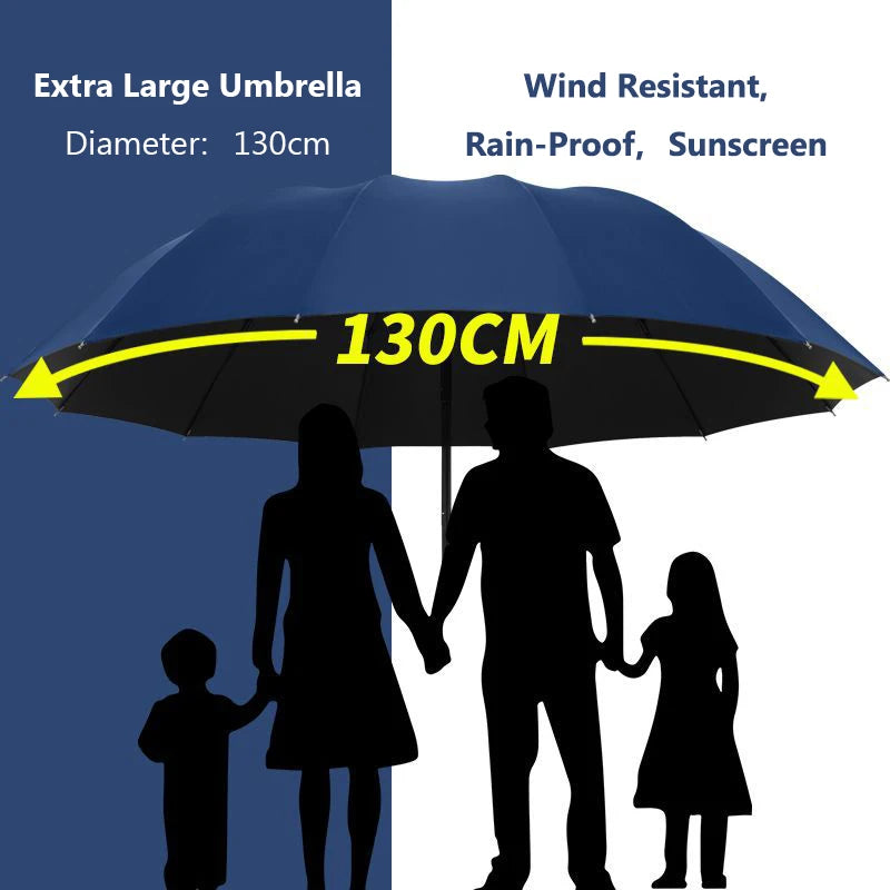 A family of four is shown holding an extra large blue umbrella with a 130cm diameter against a dark background.