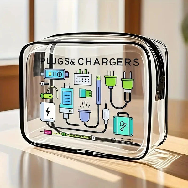 A clear zippered tote bag organizer filled with various electronic plugs and chargers on a wooden surface.