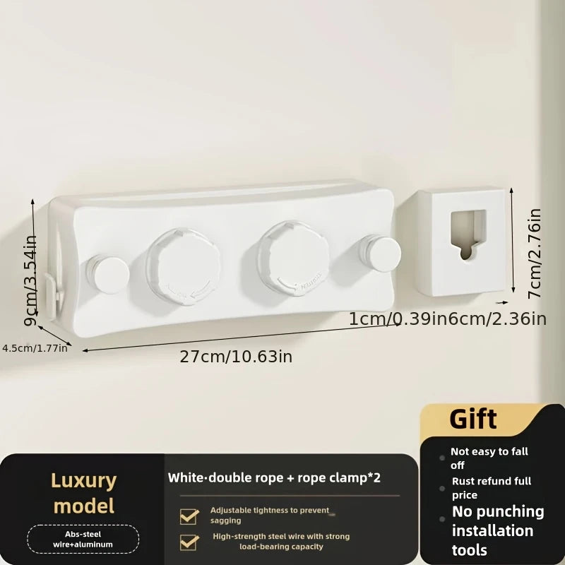 White double rope and rope clamp set for drying laundry with high-strength steel wire