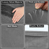 Close-up views of a gray velvet material showing thickness, durability, and a well-made texture on a toilet seat protector.