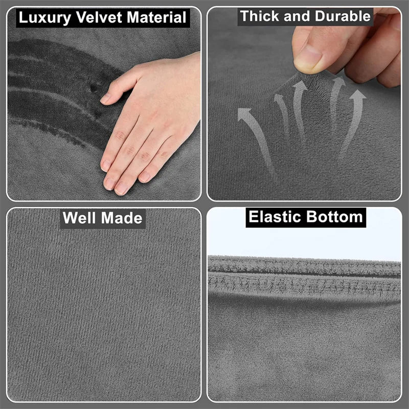 Close-up views of a gray velvet material showing thickness, durability, and a well-made texture on a toilet seat protector.