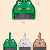 A set of three cartoon animal brooms and dustpans in green, pink, and brown tones.
