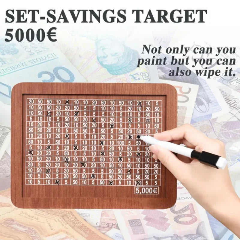 A wooden set-savings target board showing various amounts to reach a 5000 euro savings goal on currency paper.