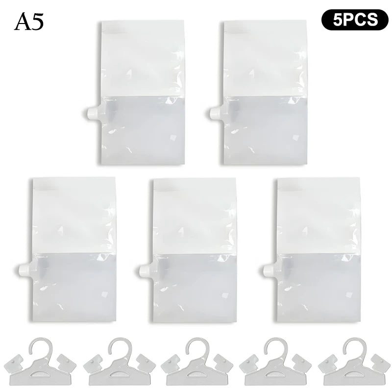 Five reusable moisture absorber bags with hooks shown in various layouts.